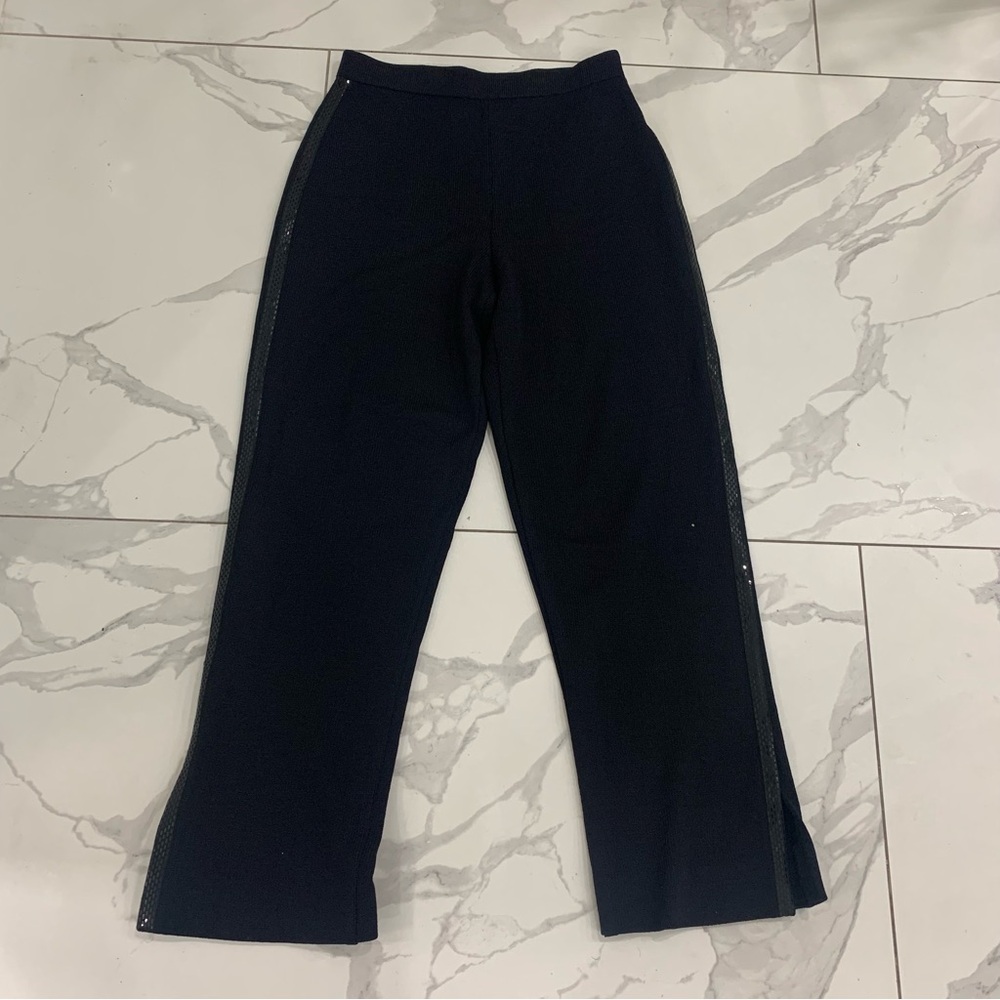 ST JOHN EVENING Size 6 Black Santana Knit Pants Black Side slits/Stripe Palettes